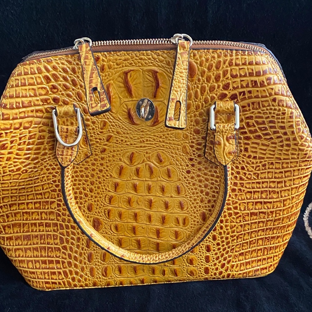 Luxury Croc-Embossed Dome Satchel in Mustard Yellow.   Vincenzo